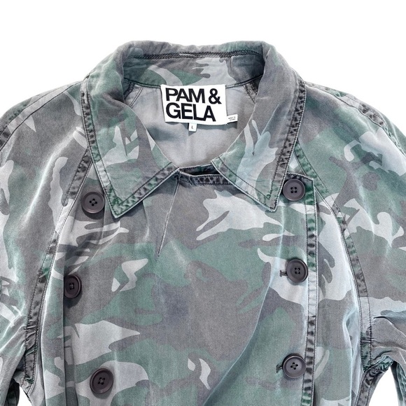 PAM & Gela Camo Lightweight Tencel Trench Coat in Vintage Green Size L - Picture 3 of 13